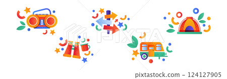 Colorful Camping and Travel Icon and Pictogram Vector Set 124127905