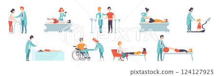 People Character in Orthopedic Therapy Rehabilitation with Therapists Vector Set 124127925