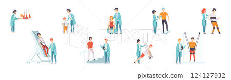 People Character in Orthopedic Therapy Rehabilitation with Therapists Vector Set 124127932