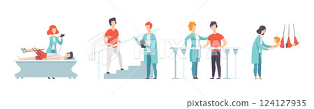 People Character in Orthopedic Therapy Rehabilitation with Therapists Vector Set 124127935