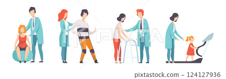 People Character in Orthopedic Therapy Rehabilitation with Therapists Vector Set 124127936