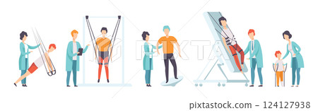 People Character in Orthopedic Therapy Rehabilitation with Therapists Vector Set People Character in Orthopedic Therapy Rehabilitation with Therapists Vector Set 124127938