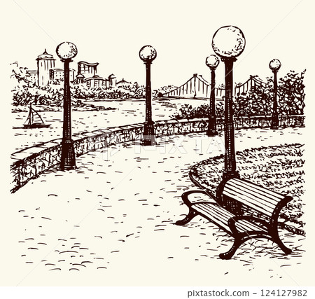 Vector drawing. Bench in the park 124127982