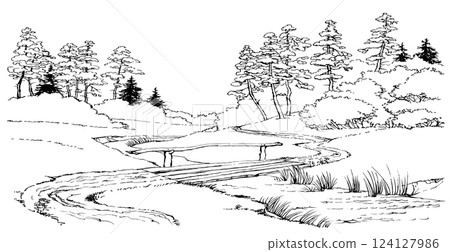 Vector landscape. A dirt road in the forest Vector landscape. A dirt road in the forest 124127986