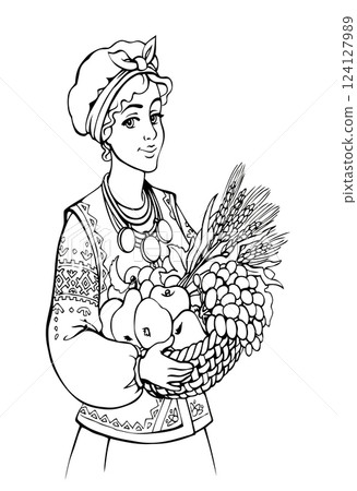 Vector drawing. Cute girl holds fruits Vector drawing. Cute girl holds fruits 124127989