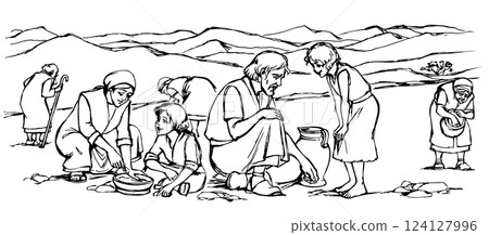 Vector illustration. People collecting manna in the desert. 124127996
