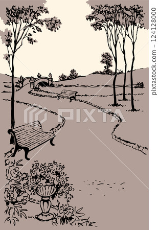 Vector landscape. Couple in love walking along the alleys of the park Vector landscape. Couple in love walking along the alleys of the park 124128000