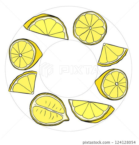 Lemon circle round frame vector drawing. Citrus fruit circle label template. Hand drawn summer illustration. graphic line ink illustration for packaging, tea, juice, natural cosmetics, lemonade 124128054