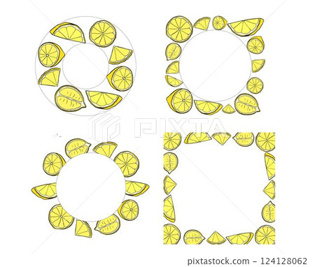 Lemon circle round frame set vector drawing. Citrus fruit circle and square label template. graphic line ink illustration for packaging, tea, juice, natural cosmetics, lemonade Lemon circle round frame set vector drawing. Citrus fruit circle and square label template. graphic line ink illustration for packaging, tea, juice, natural cosmetics, lemonade 124128062