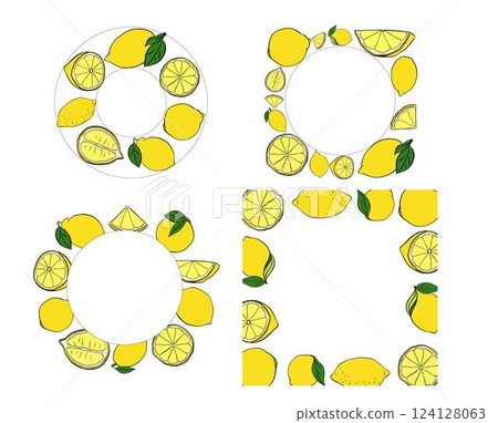 Lemons square and circle round frame set. Vector graphic line ink yellow illustration with empty space for text. Sample poster, party invitation, holiday banner, postcard. Lemons square and circle round frame set. Vector graphic line ink yellow illustration with empty space for text. Sample poster, party invitation, holiday banner, postcard. 124128063