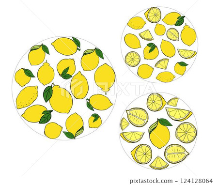 Lemons with leaves circle round composition set. Vector Graphic line ink yellow hand made illustration. Food preparation and kitchenware. For logo, web, package, sticker. Lemons with leaves circle round composition set. Vector Graphic line ink yellow hand made illustration. Food preparation and kitchenware. For logo, web, package, sticker. 124128064