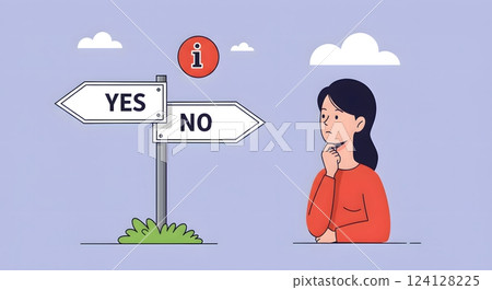 Confused Woman Facing Yes or No Decision at Crossroads Confused Woman Facing Yes or No Decision at Crossroads 124128225