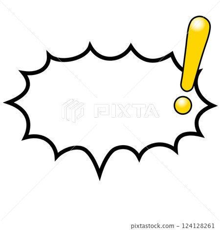 A shiny yellow horizontal explosion-type speech bubble with an exclamation mark A shiny yellow horizontal explosion-type speech bubble with an exclamation mark 124128261