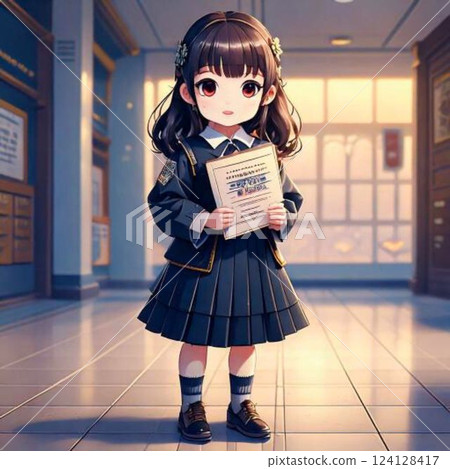 A girl in uniform standing in a school corridor 124128417