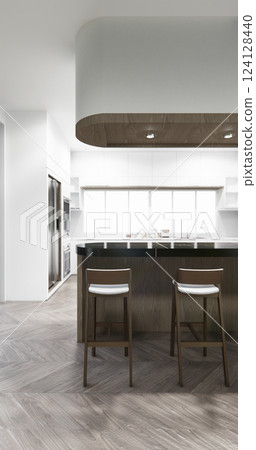 Kitchen bar on set kitchen shaped modern style white and wood concept. 3d rendering 124128440