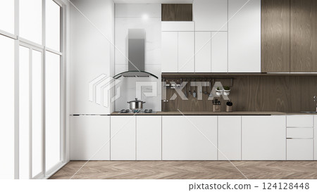 mockup white Kitchen bar on set kitchen shaped modern style white and wood concept. 3d rendering mockup white Kitchen bar on set kitchen shaped modern style white and wood concept. 3d rendering 124128448