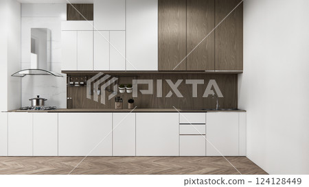 mockup white Kitchen bar on set kitchen shaped modern style white and wood concept. 3d rendering 124128449