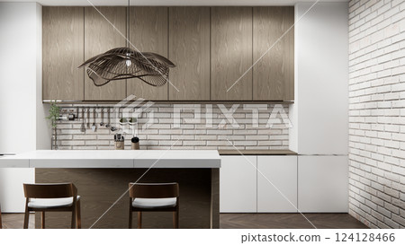 white brick wall modern loft style on kitchen counter scene mockup kitchen bar and set shaped kitchen design. 3d rendering white brick wall modern loft style on kitchen counter scene mockup kitchen bar and set shaped kitchen design. 3d rendering 124128466
