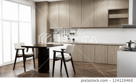 Kitchen bar on set kitchen shaped modern style white and wood concept. 3d rendering 124128468