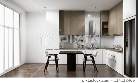 Kitchen bar on set kitchen shaped modern style white and wood concept. 3d rendering 124128469