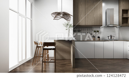 Kitchen bar on set kitchen shaped modern style white and wood concept. 3d rendering Kitchen bar on set kitchen shaped modern style white and wood concept. 3d rendering 124128472