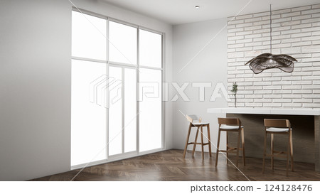 white brick wall modern loft style on kitchen counter scene mockup kitchen bar and set shaped kitchen design. 3d rendering white brick wall modern loft style on kitchen counter scene mockup kitchen bar and set shaped kitchen design. 3d rendering 124128476