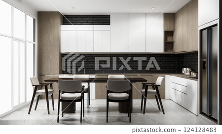 Mock up black brick design modern loft style on kitchen counter scene mockup and set shaped kitchen design. 3d rendering 124128483