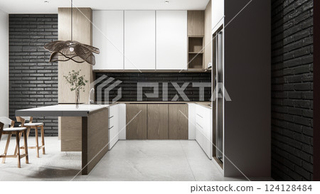 Mock up black brick design modern loft style on kitchen counter scene mockup and set shaped kitchen design. 3d rendering 124128484