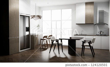 mockup table bar on set kitchen shaped modern style concept. 3d rendering mockup table bar on set kitchen shaped modern style concept. 3d rendering 124128501