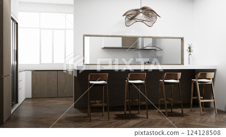 mockup table bar on set kitchen shaped modern style concept. 3d rendering mockup table bar on set kitchen shaped modern style concept. 3d rendering 124128508