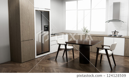 mockup table bar on set kitchen shaped modern style concept. 3d rendering mockup table bar on set kitchen shaped modern style concept. 3d rendering 124128509