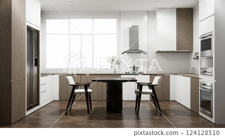 mockup table bar on set kitchen shaped modern style concept. 3d rendering mockup table bar on set kitchen shaped modern style concept. 3d rendering 124128510