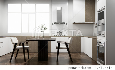 mockup table bar on set kitchen shaped modern style concept. 3d rendering 124128512