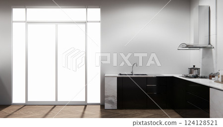 mockup white Kitchen bar on set kitchen shaped modern style white and wood concept. 3d rendering 124128521