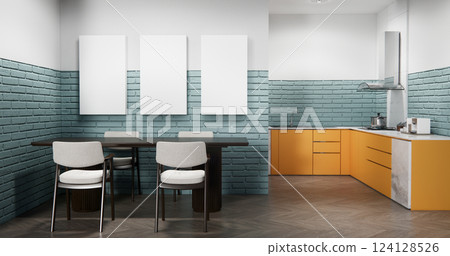 modern loft style on kitchen orange counter scene mockup and set shaped kitchen design. 3d rendering 124128526