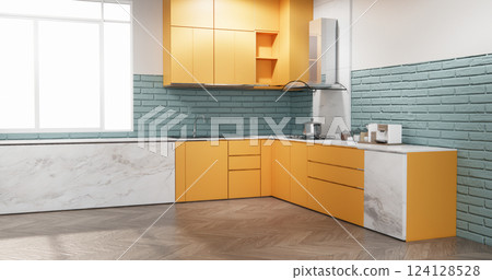 modern loft style on kitchen orange counter scene mockup and set shaped kitchen design. 3d rendering modern loft style on kitchen orange counter scene mockup and set shaped kitchen design. 3d rendering 124128528
