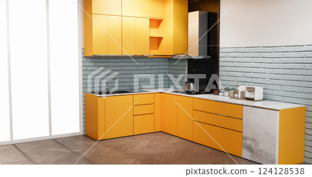 modern loft style on kitchen orange counter scene mockup and set shaped kitchen design. 3d rendering modern loft style on kitchen orange counter scene mockup and set shaped kitchen design. 3d rendering 124128538