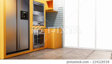 modern loft style on kitchen orange counter scene mockup and set shaped kitchen design. 3d rendering 124128539