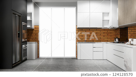 kitchen shaped modern on empty kitchen room. 3d rendering 124128570
