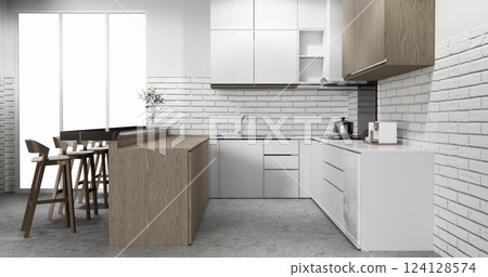 white brick wall modern loft style on kitchen counter scene mockup kitchen bar and set shaped kitchen design. 3d rendering 124128574