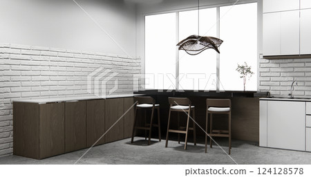 white brick wall modern loft style on kitchen counter scene mockup kitchen bar and set shaped kitchen design. 3d rendering white brick wall modern loft style on kitchen counter scene mockup kitchen bar and set shaped kitchen design. 3d rendering 124128578