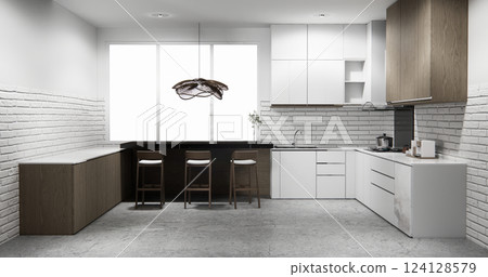 white brick wall modern loft style on kitchen counter scene mockup kitchen bar and set shaped kitchen design. 3d rendering 124128579