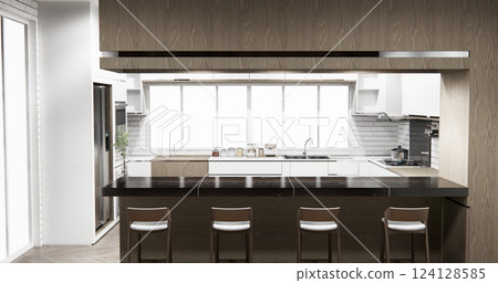 Kitchen bar on set kitchen shaped modern style white and wood concept. 3d rendering 124128585