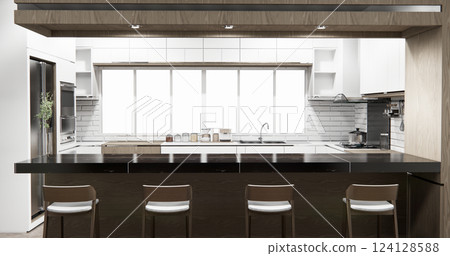 bar on set kitchen shaped modern style white and wood concept. 3d rendering 124128588