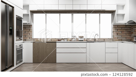 white brick wall modern loft style on kitchen counter scene mockup kitchen bar and set shaped kitchen design. 3d rendering white brick wall modern loft style on kitchen counter scene mockup kitchen bar and set shaped kitchen design. 3d rendering 124128592