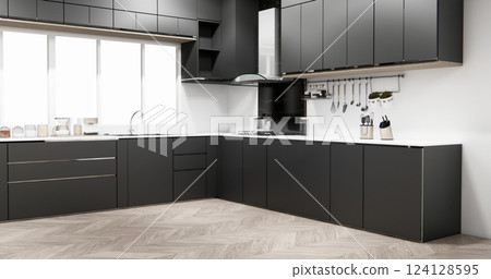 black set kitchen shaped modern style black and wood concept. 3d rendering 124128595