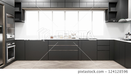 black set kitchen shaped modern style black and wood concept. 3d rendering 124128596