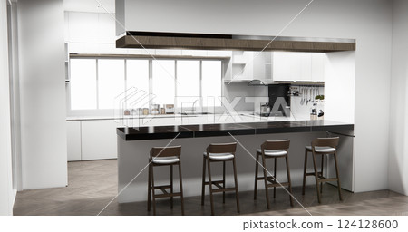 Kitchen bar on set kitchen shaped modern style white and wood concept. 3d rendering Kitchen bar on set kitchen shaped modern style white and wood concept. 3d rendering 124128600