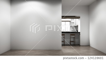 Kitchen bar on set kitchen shaped modern style white and wood concept. 3d rendering Kitchen bar on set kitchen shaped modern style white and wood concept. 3d rendering 124128601