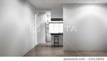 Kitchen bar on set kitchen shaped modern style white and wood concept. 3d rendering 124128602